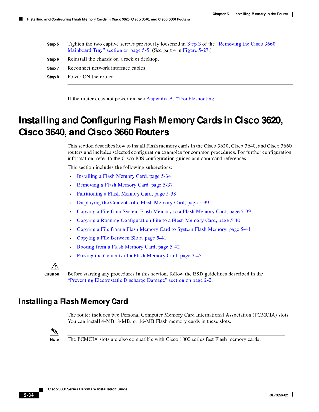 Cisco Systems OL-2056-02 manual Installing a Flash Memory Card 