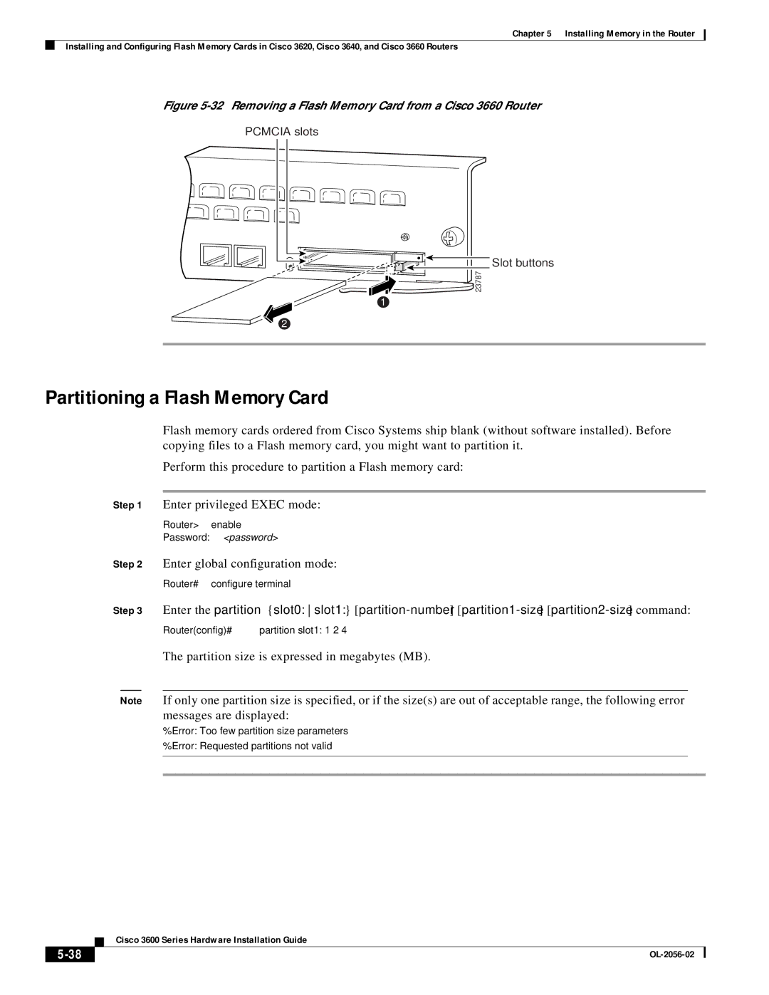 Cisco Systems OL-2056-02 Partitioning a Flash Memory Card, Enter global configuration mode, Router# configure terminal 