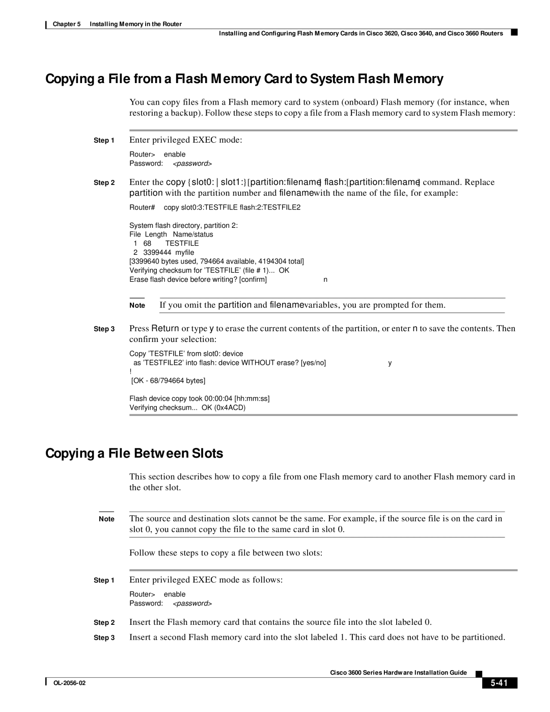 Cisco Systems OL-2056-02 manual Copying a File Between Slots, Enter privileged Exec mode as follows 