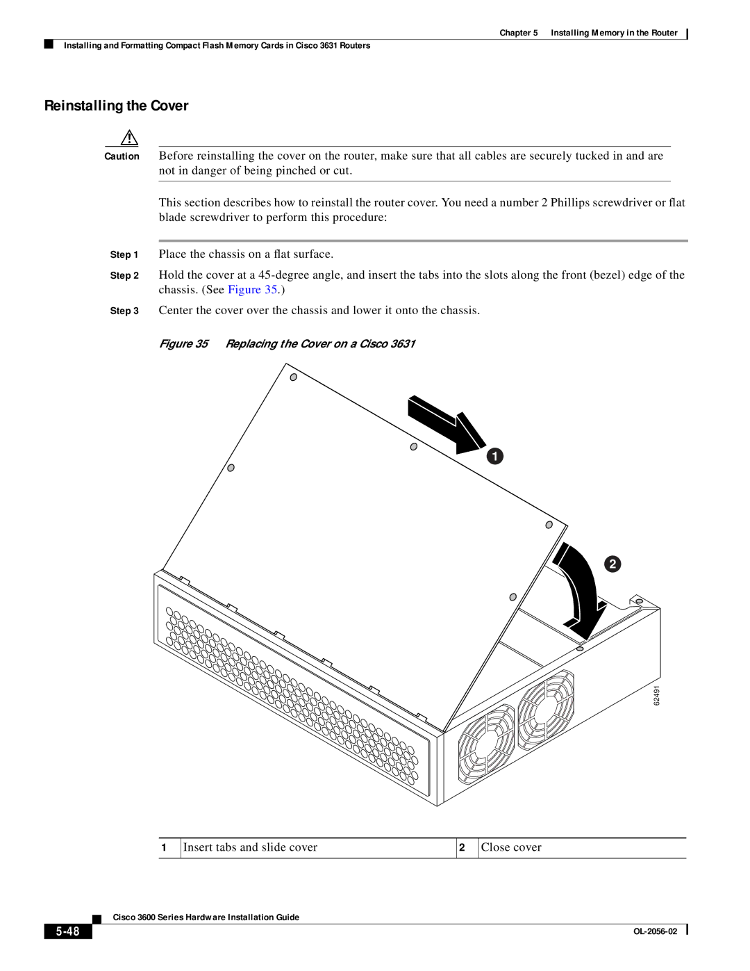 Cisco Systems OL-2056-02 manual Reinstalling the Cover, Replacing the Cover on a Cisco 