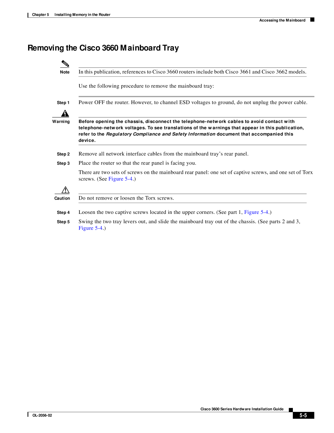 Cisco Systems OL-2056-02 manual Removing the Cisco 3660 Mainboard Tray 