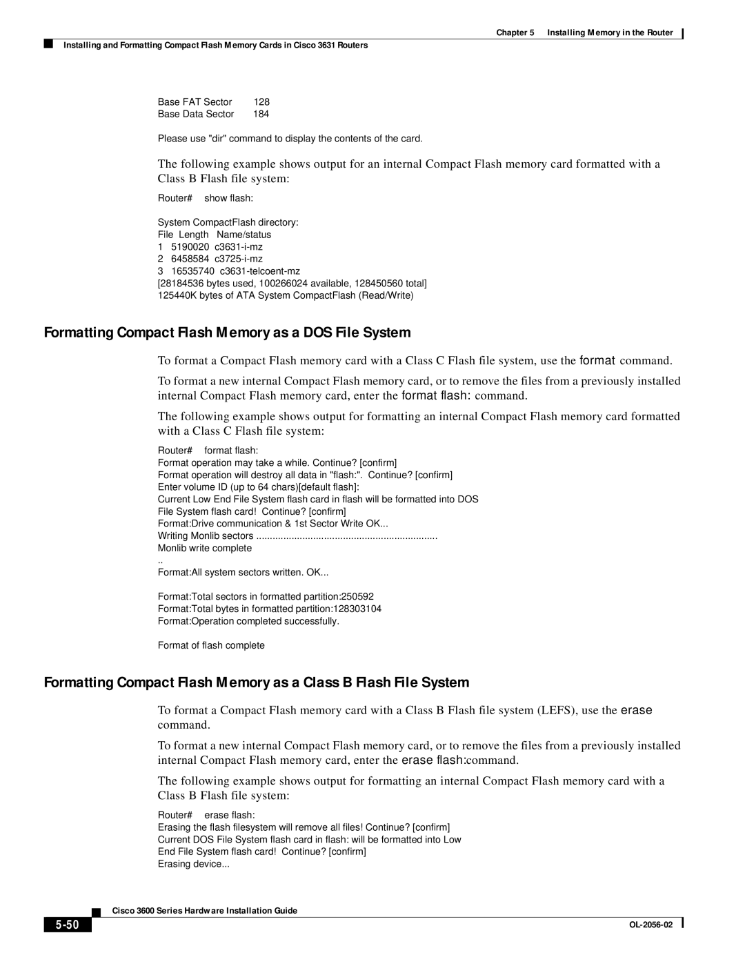 Cisco Systems OL-2056-02 manual Formatting Compact Flash Memory as a DOS File System, Command, Class B Flash file system 