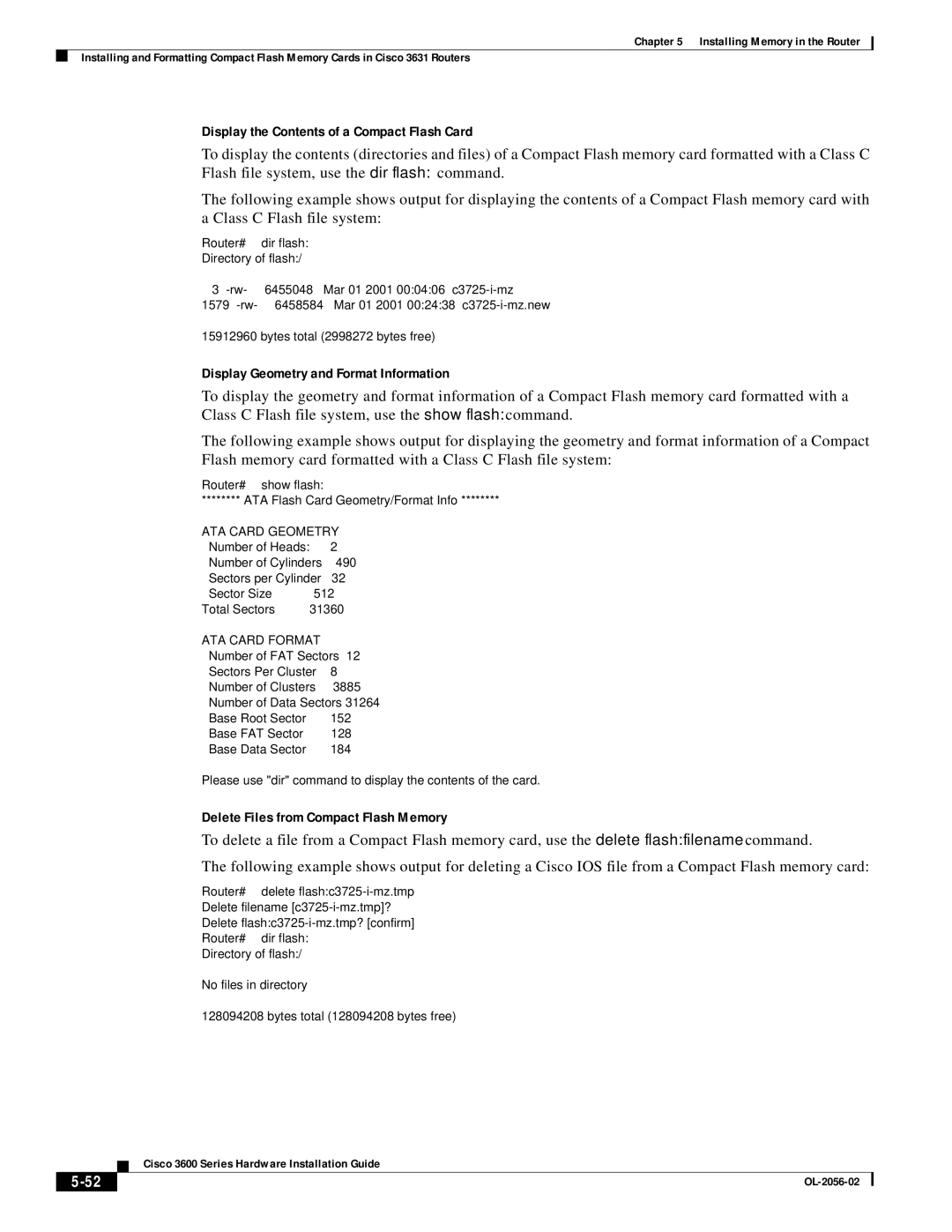 Cisco Systems OL-2056-02 manual Display the Contents of a Compact Flash Card, Display Geometry and Format Information 