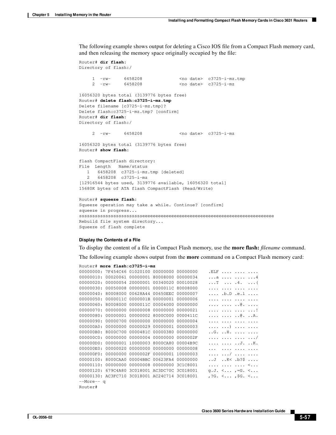 Cisco Systems OL-2056-02 manual Router# squeeze flash, Router# more flashc3725-i-mz 