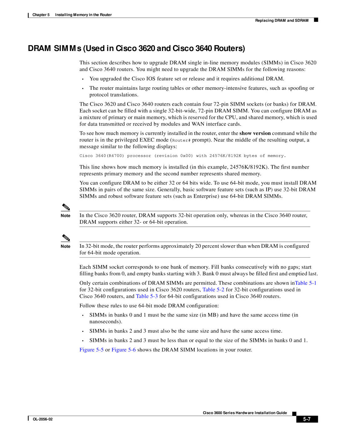 Cisco Systems OL-2056-02 manual Dram SIMMs Used in Cisco 3620 and Cisco 3640 Routers 