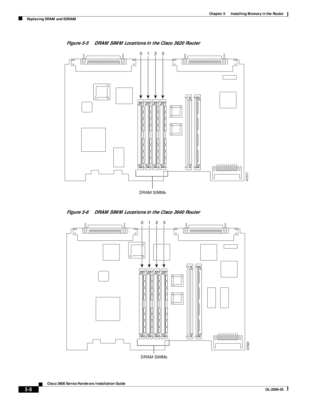 Cisco Systems OL-2056-02 manual Dram Simm Locations in the Cisco 3620 Router 