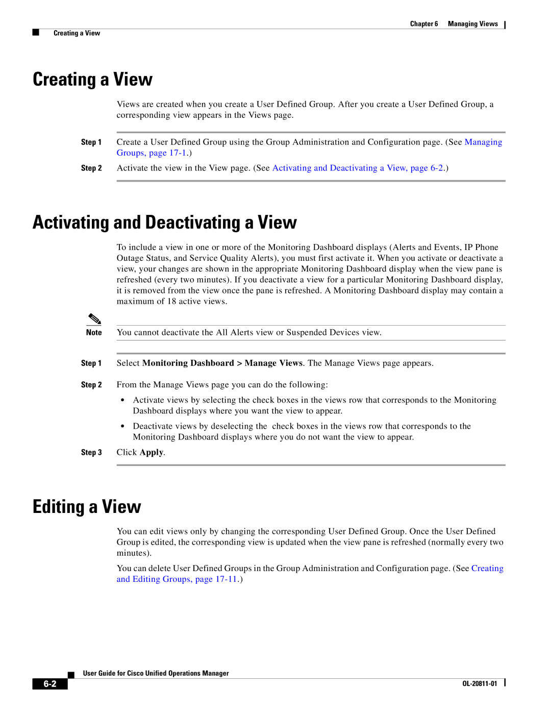 Cisco Systems OL-20811-01 manual Creating a View, Activating and Deactivating a View, Editing a View 