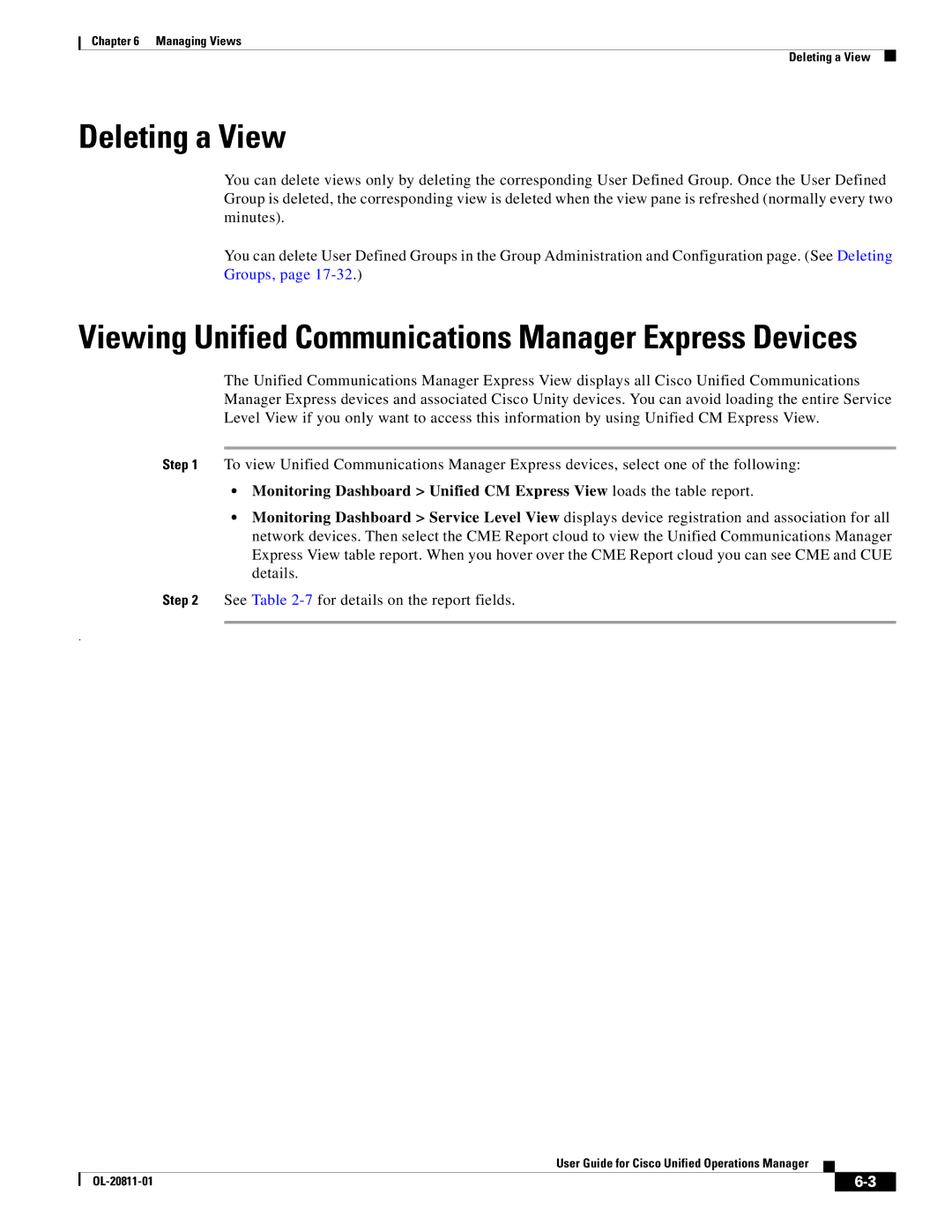 Cisco Systems OL-20811-01 manual Deleting a View, Viewing Unified Communications Manager Express Devices 