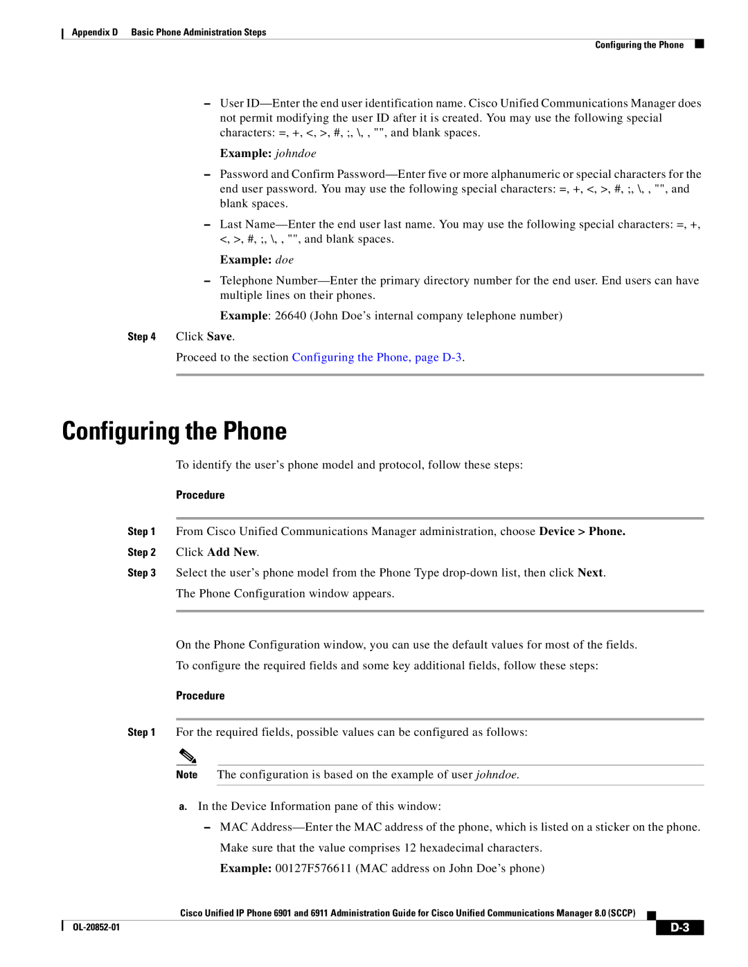 Cisco Systems OL-20852-01 appendix Configuring the Phone, Example johndoe, Example doe 