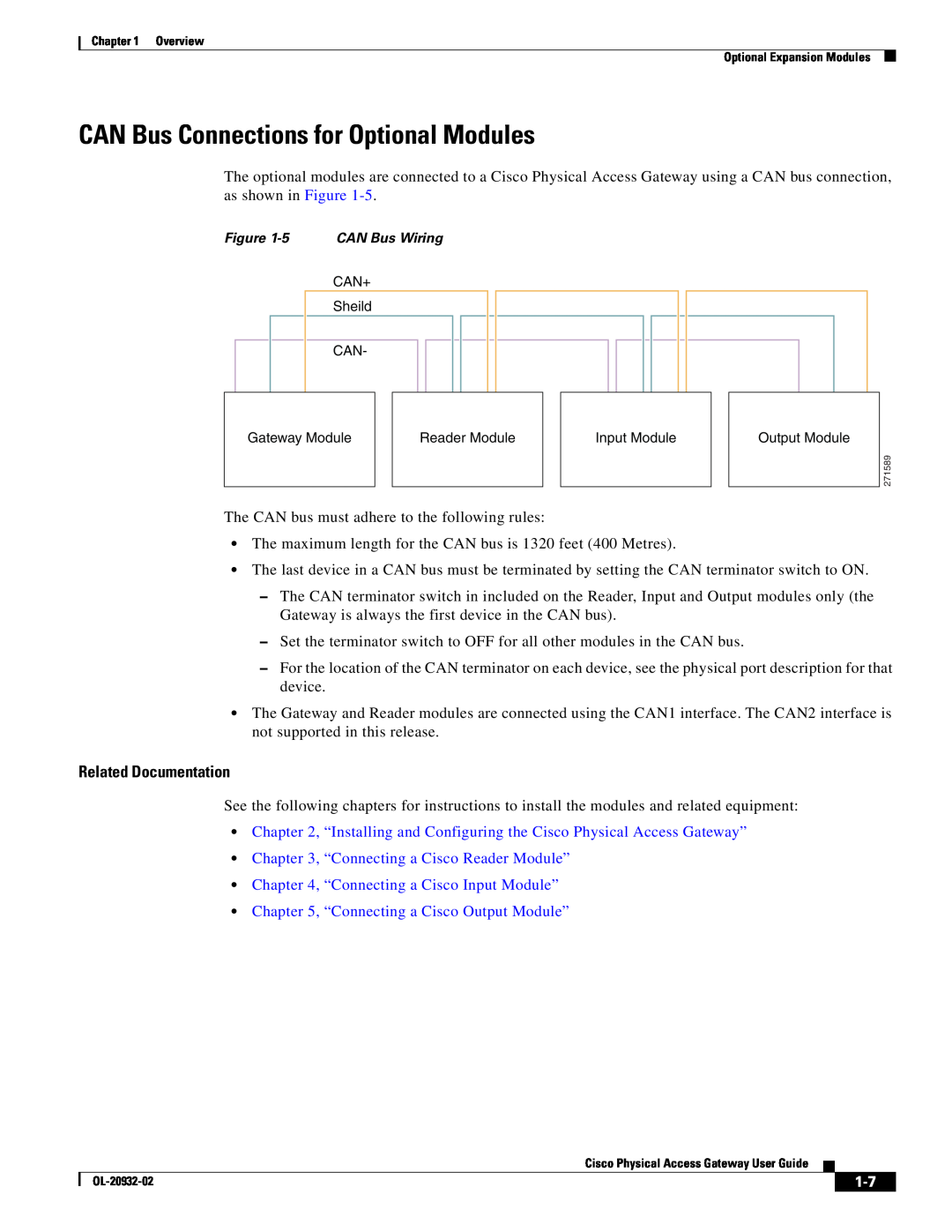 Cisco Systems OL-20932-02 manual CAN Bus Connections for Optional Modules, “Connecting a Cisco Reader Module” 