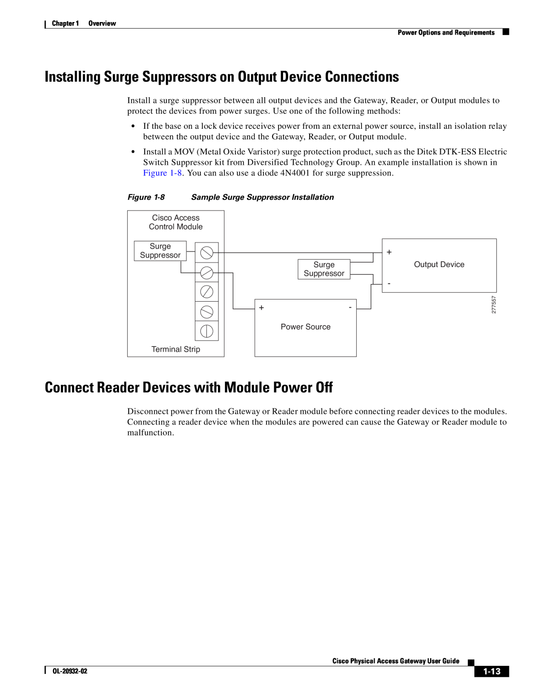 Cisco Systems OL-20932-02 manual Installing Surge Suppressors on Output Device Connections, 1-13 