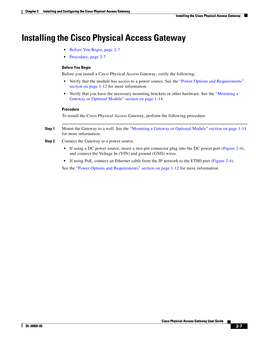 Cisco Systems OL-20932-02 manual Installing the Cisco Physical Access Gateway, Before You Begin, page Procedure, page 