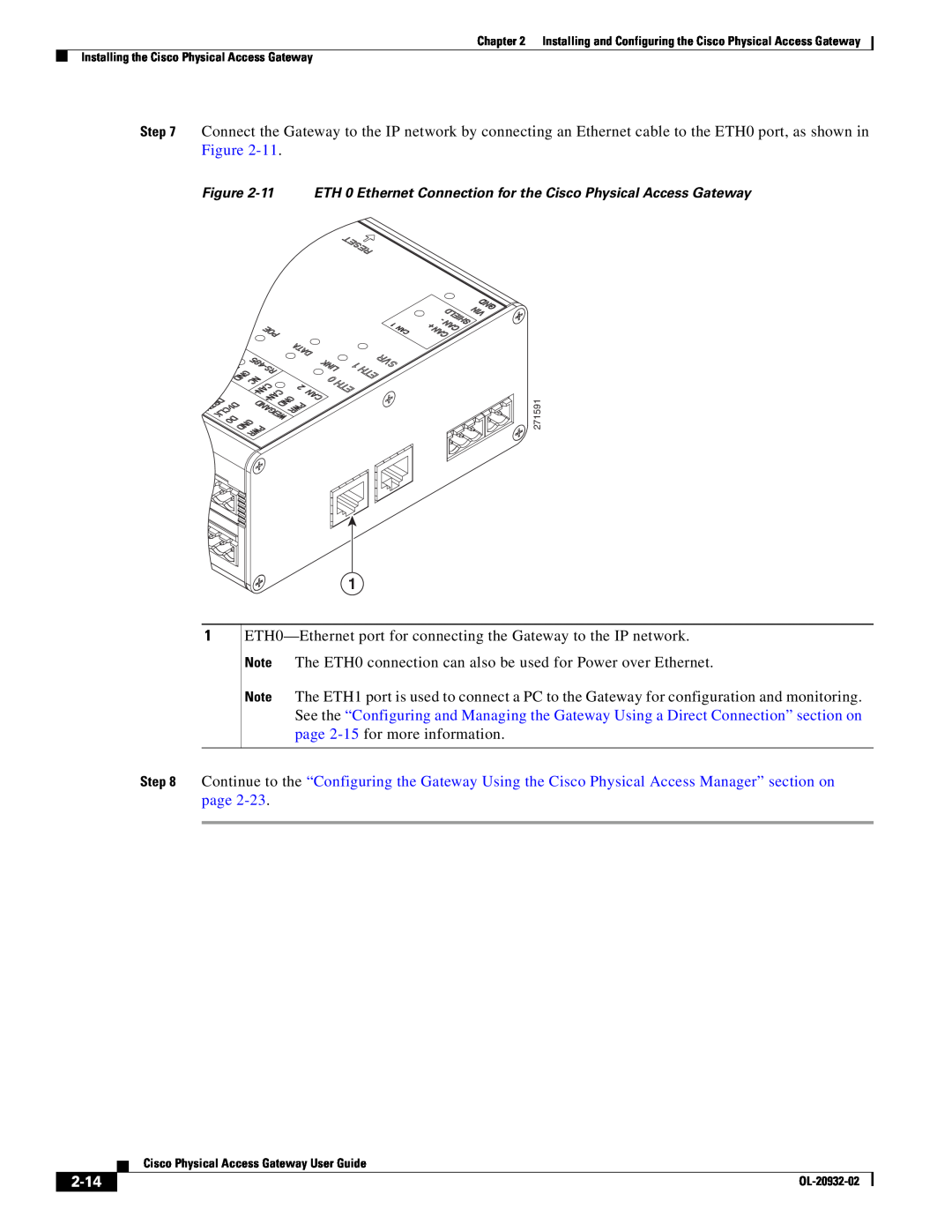 Cisco Systems OL-20932-02 manual 2-14, ETH0-Ethernet port for connecting the Gateway to the IP network 