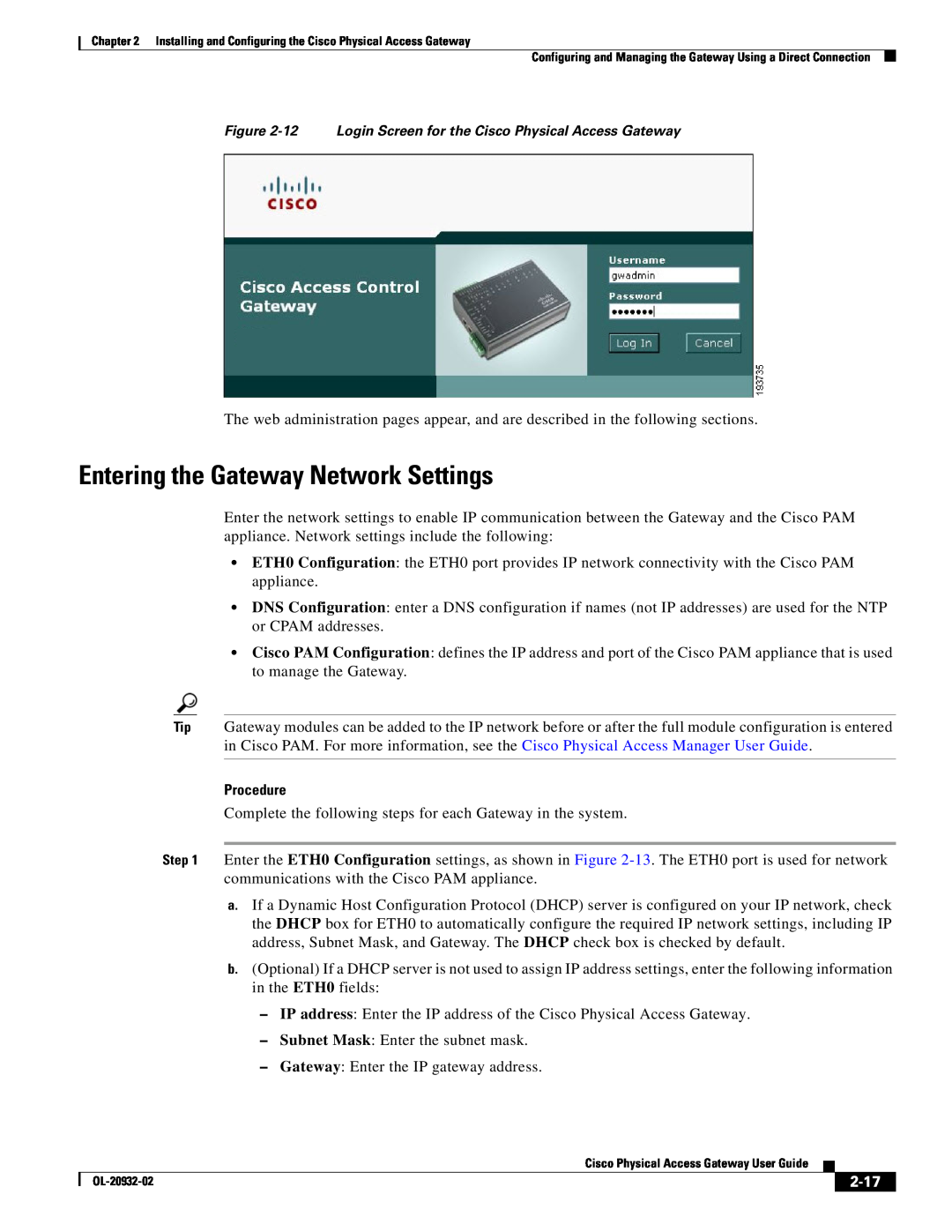 Cisco Systems OL-20932-02 manual Entering the Gateway Network Settings, 2-17 