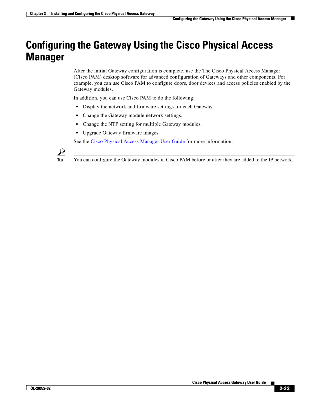 Cisco Systems OL-20932-02 manual Configuring the Gateway Using the Cisco Physical Access Manager, 2-23 