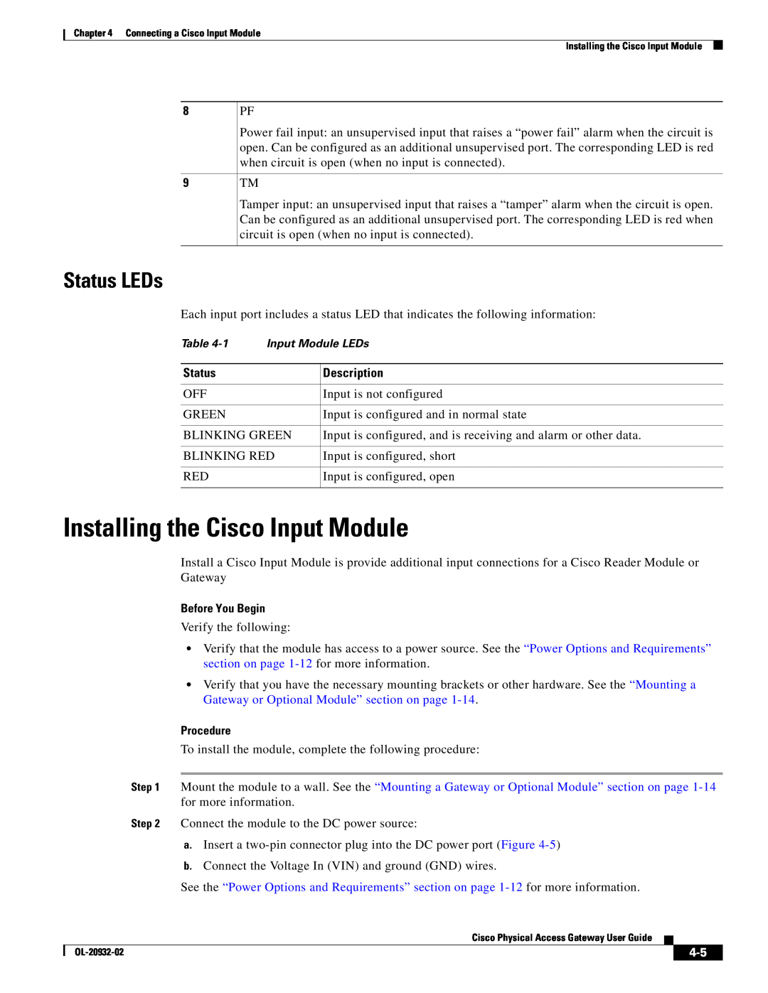 Cisco Systems OL-20932-02 manual Installing the Cisco Input Module, Status LEDs, Input Module LEDs 