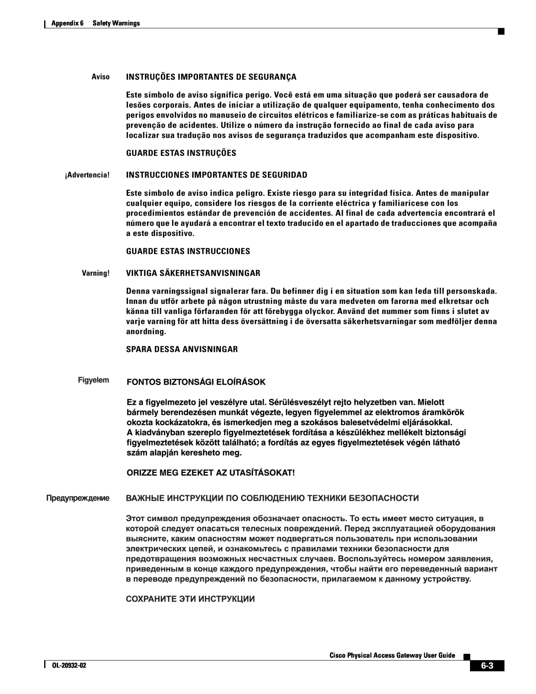 Cisco Systems OL-20932-02 manual Aviso INSTRUÇÕES IMPORTANTES DE SEGURANÇA 