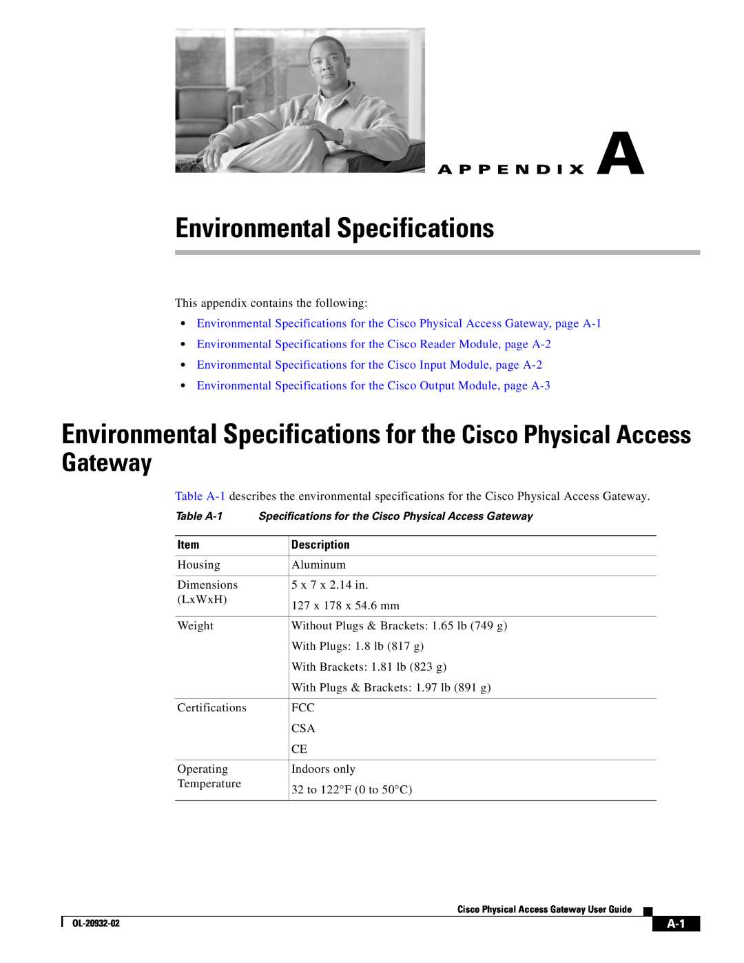 Cisco Systems OL-20932-02 manual Environmental Specifications, Gateway, A P P E N D I X A 