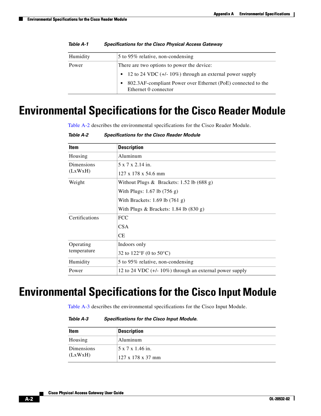 Cisco Systems OL-20932-02 manual Environmental Specifications for the Cisco Reader Module 