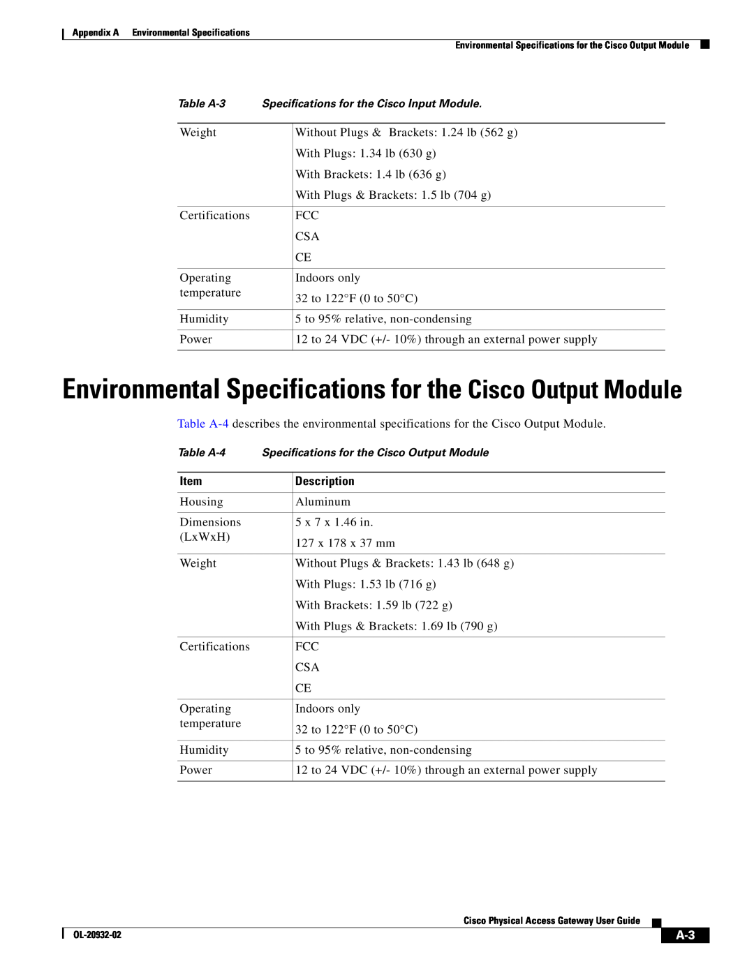 Cisco Systems OL-20932-02 manual Environmental Specifications for the Cisco Output Module 