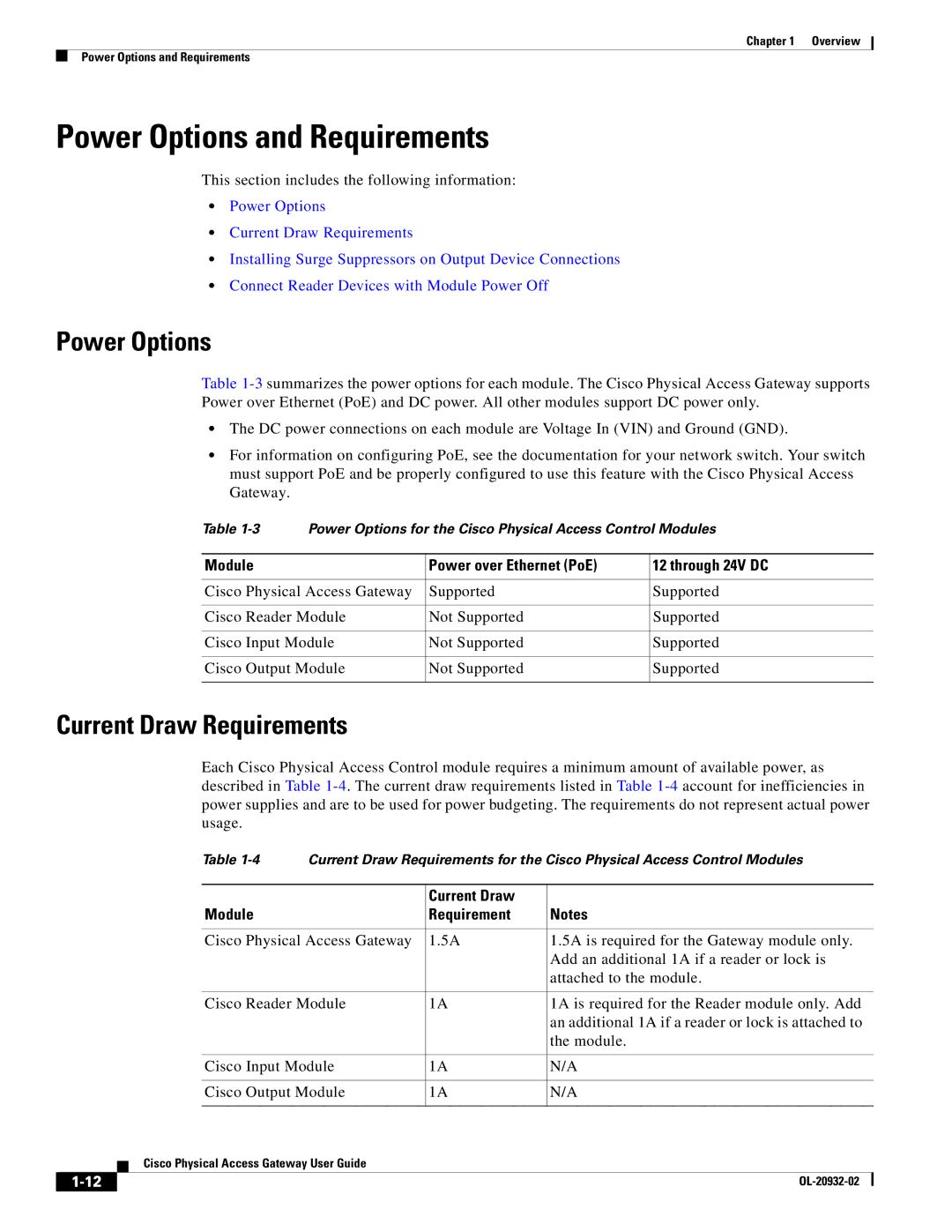 Cisco Systems OL-20932-02 manual Power Options and Requirements, Current Draw Requirements, Current Draw Module Requirement 