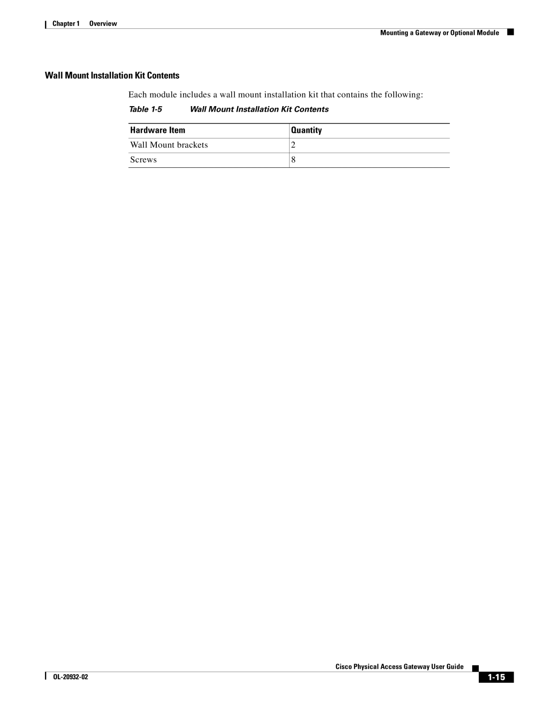 Cisco Systems OL-20932-02 manual Wall Mount Installation Kit Contents 