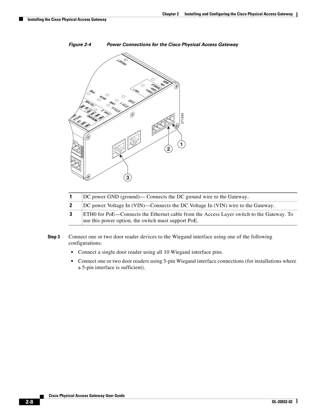 Cisco Systems OL-20932-02 manual Power Connections for the Cisco Physical Access Gateway 