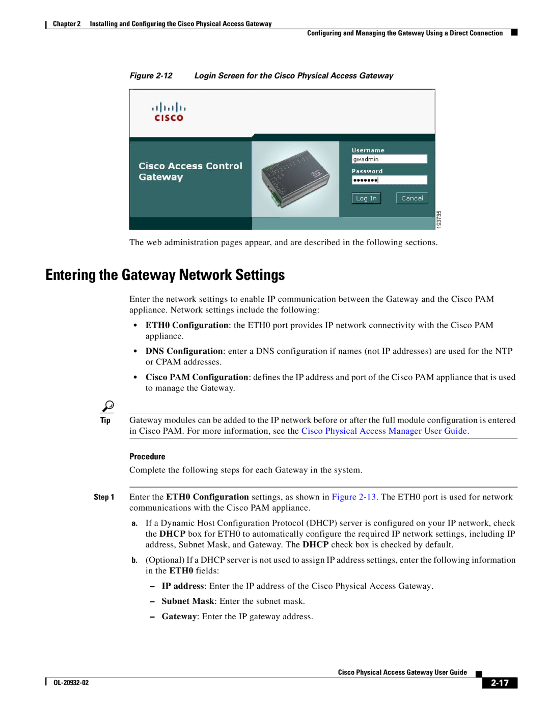 Cisco Systems OL-20932-02 manual Entering the Gateway Network Settings, Login Screen for the Cisco Physical Access Gateway 