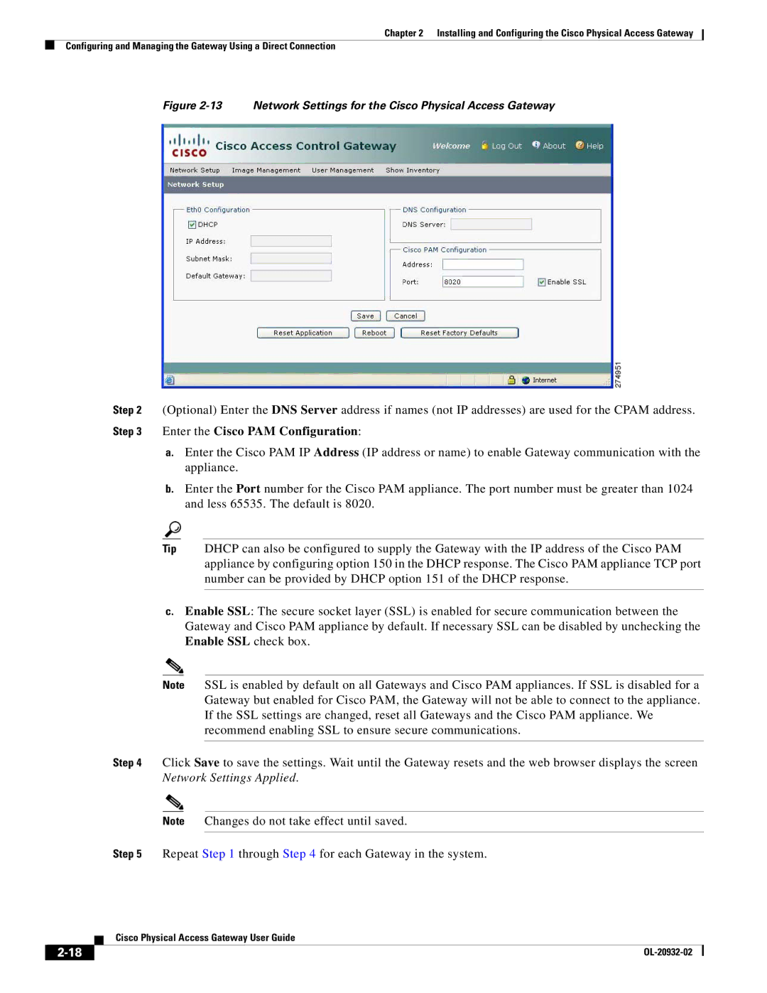 Cisco Systems OL-20932-02 manual Network Settings for the Cisco Physical Access Gateway 