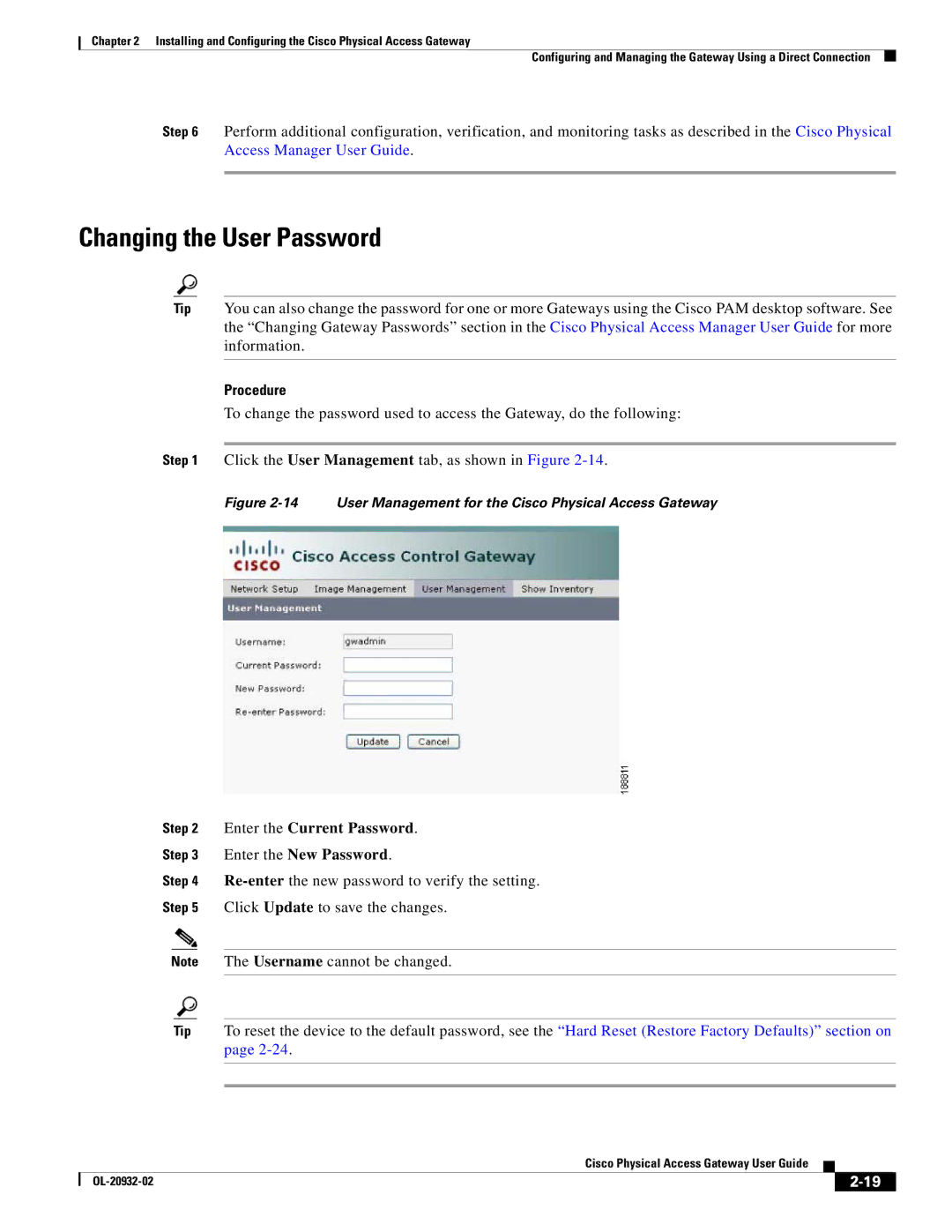 Cisco Systems OL-20932-02 manual Changing the User Password, Enter the Current Password Enter the New Password 