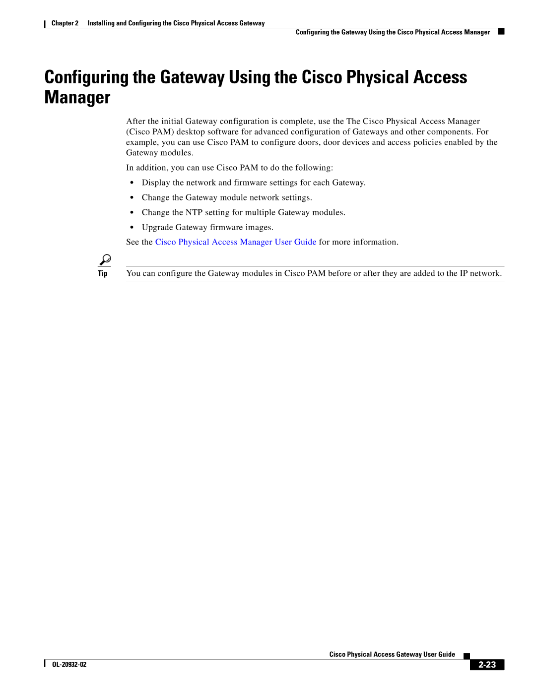 Cisco Systems OL-20932-02 manual Installing and Configuring the Cisco Physical Access Gateway 