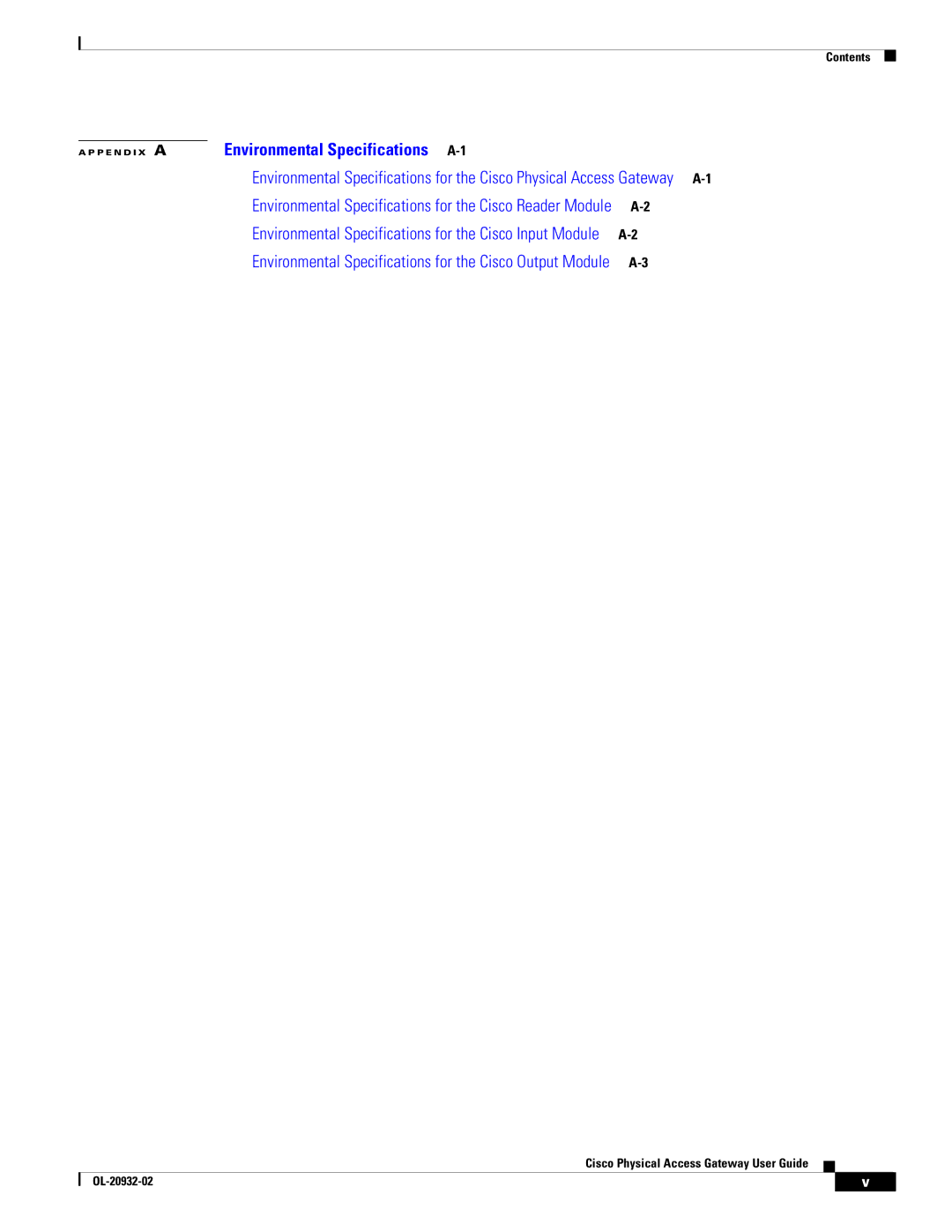 Cisco Systems OL-20932-02 manual Environmental Specifications A-1 