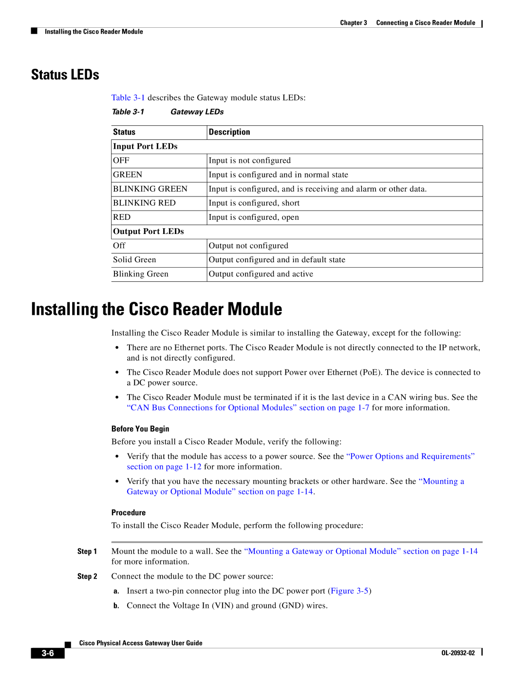 Cisco Systems OL-20932-02 manual Installing the Cisco Reader Module, Status LEDs 