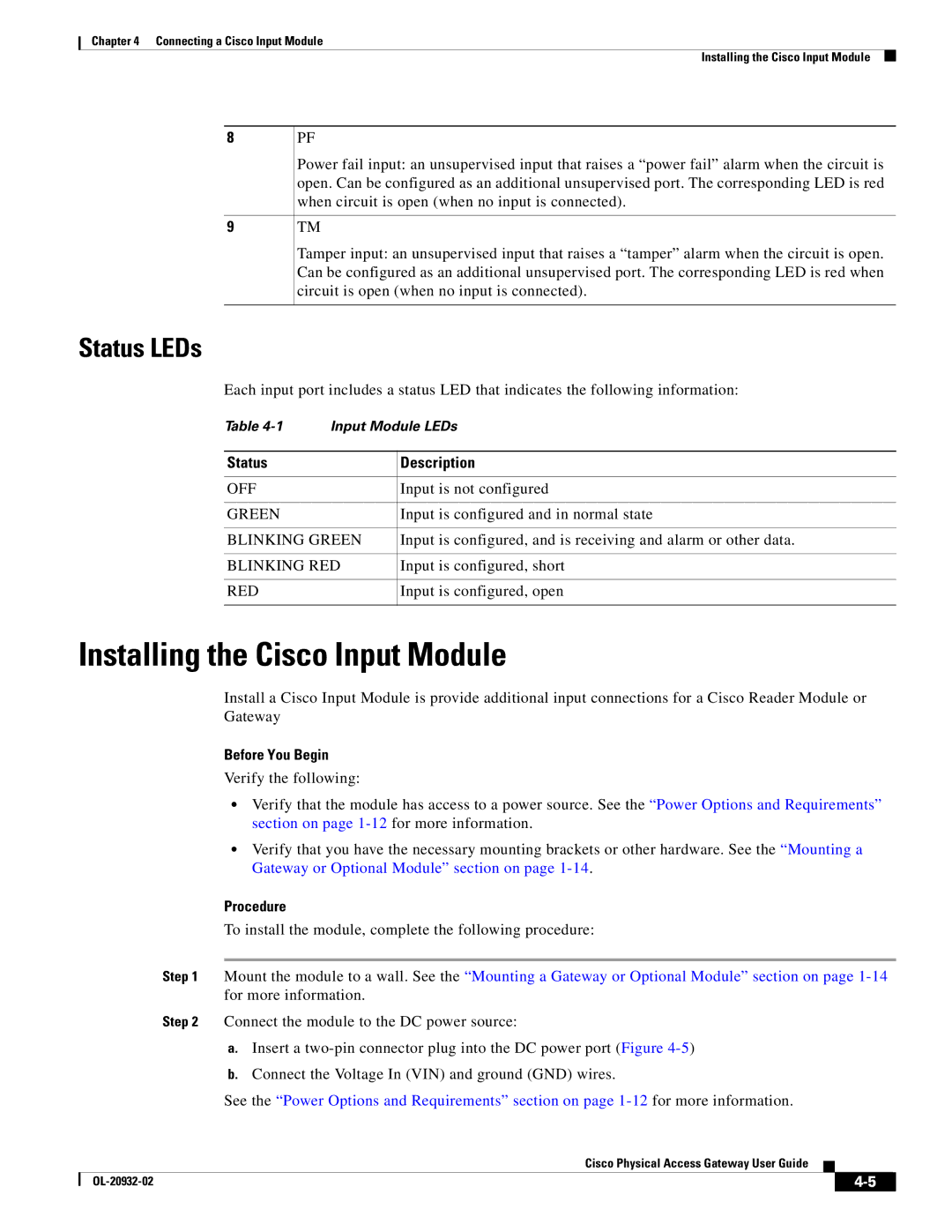 Cisco Systems OL-20932-02 manual Installing the Cisco Input Module, Status LEDs 