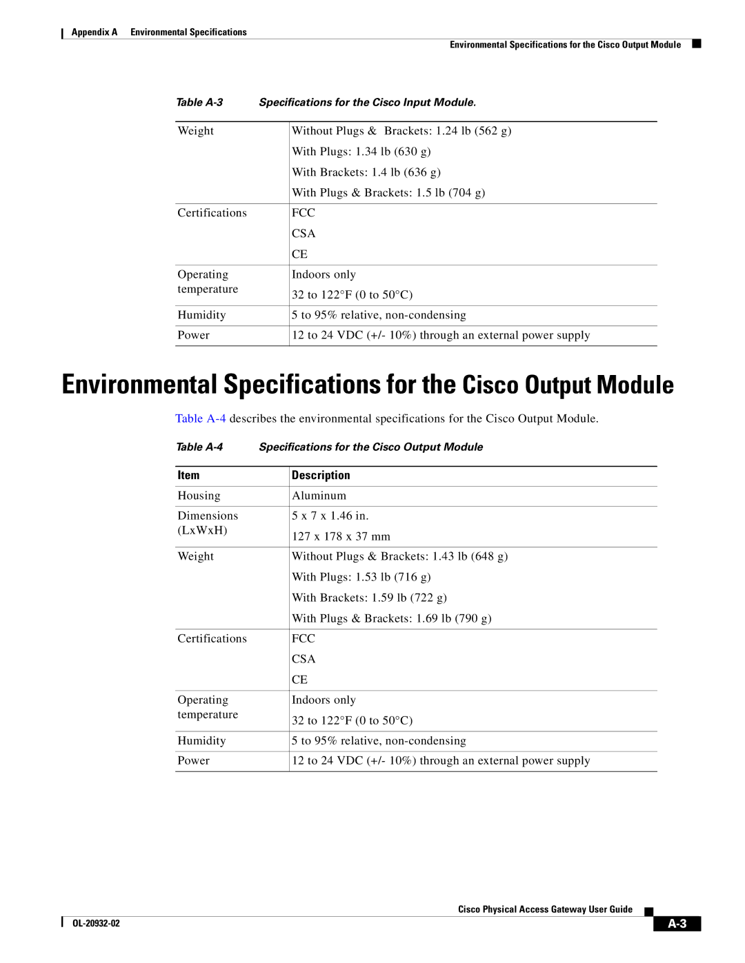 Cisco Systems OL-20932-02 manual Environmental Specifications for the Cisco Output Module 