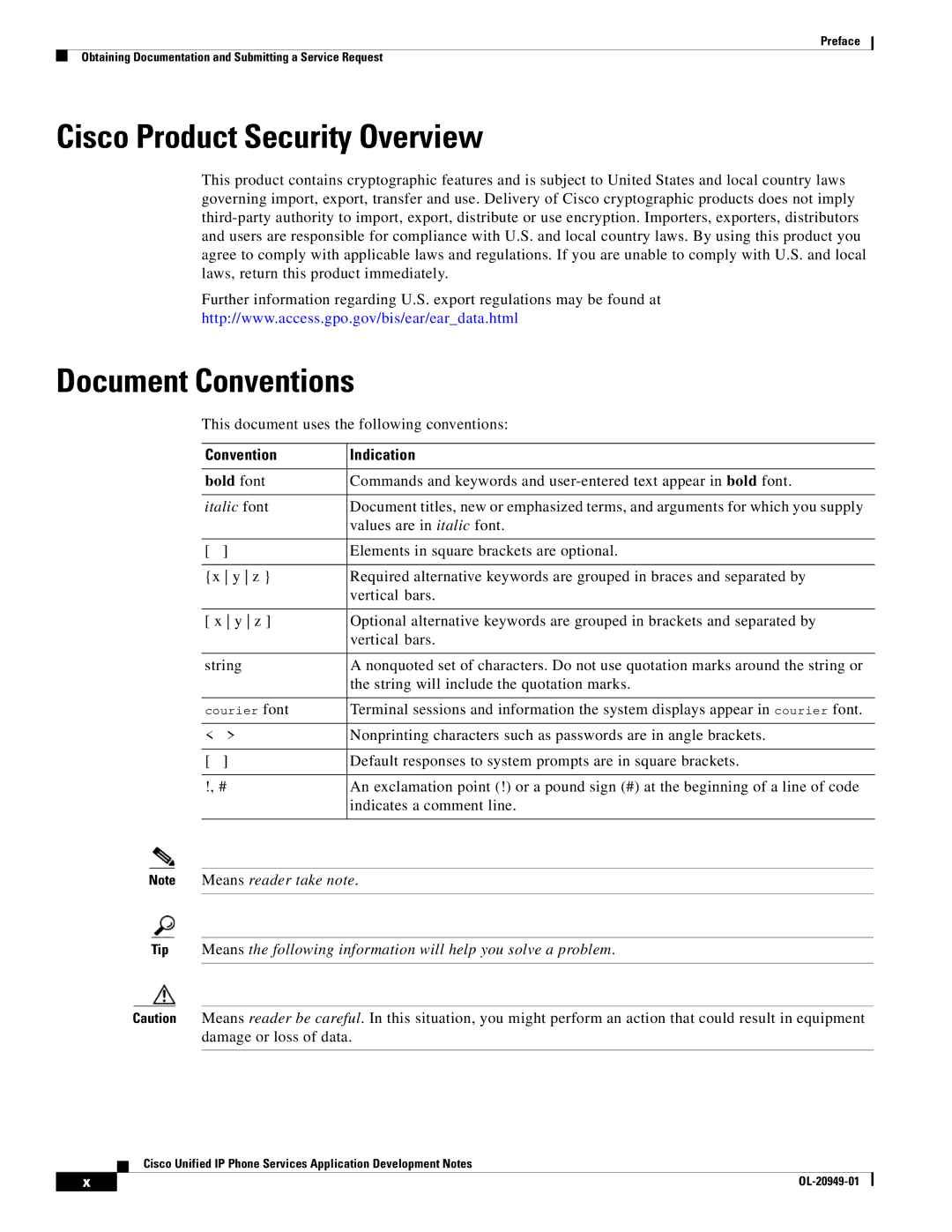 Cisco Systems OL-20949-01 manual Cisco Product Security Overview, Document Conventions, Convention Indication 