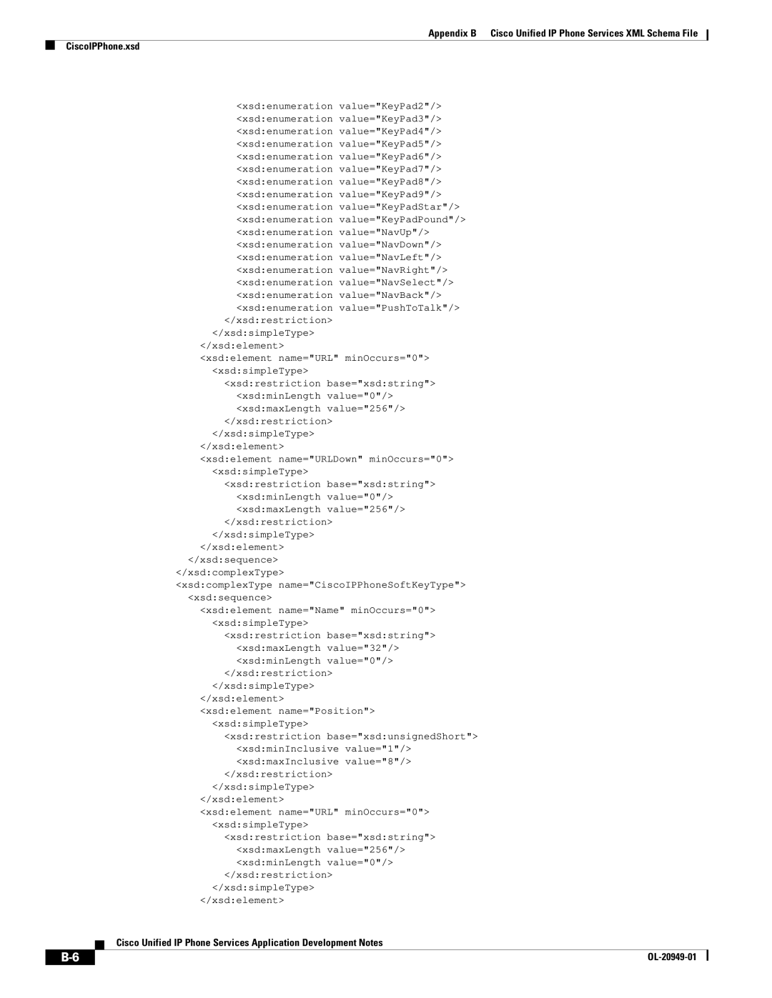 Cisco Systems OL-20949-01 manual XsdcomplexType name=CiscoIPPhoneSoftKeyType xsdsequence 