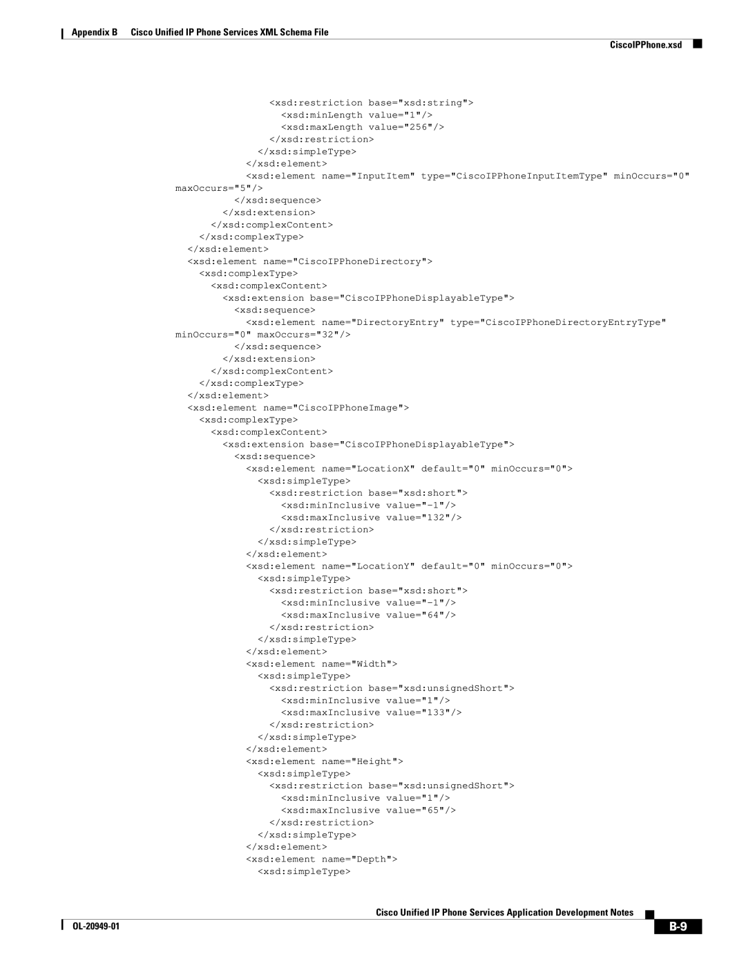 Cisco Systems OL-20949-01 manual Xsdelement name=CiscoIPPhoneDirectory xsdcomplexType 