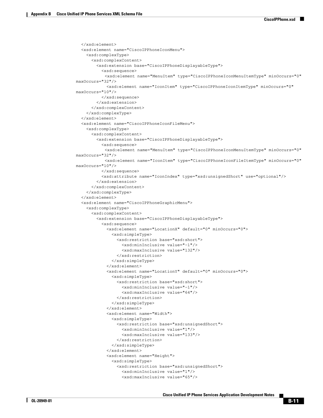 Cisco Systems OL-20949-01 manual Xsdelement name=CiscoIPPhoneIconMenu xsdcomplexType 