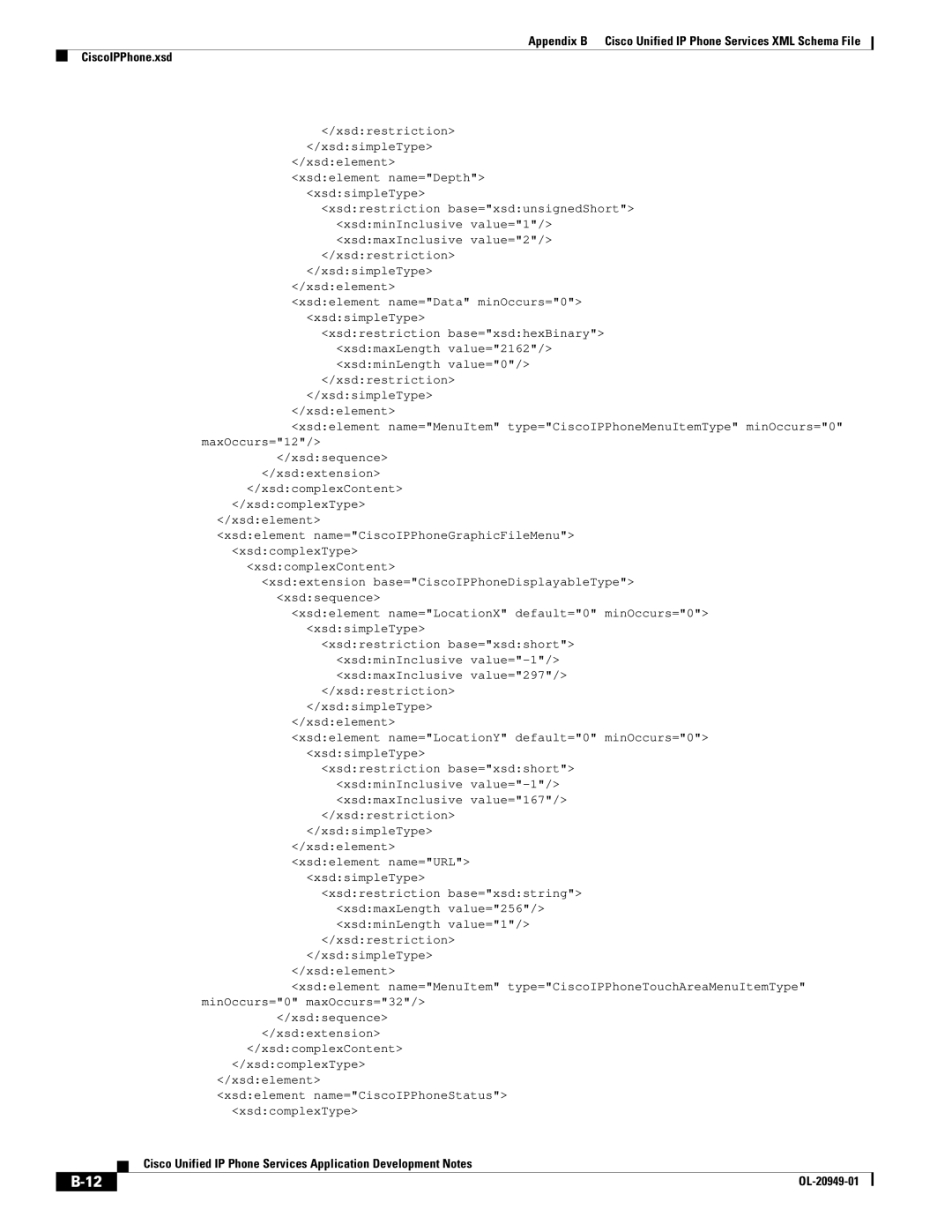 Cisco Systems OL-20949-01 manual Xsdelement name=CiscoIPPhoneGraphicFileMenu xsdcomplexType 