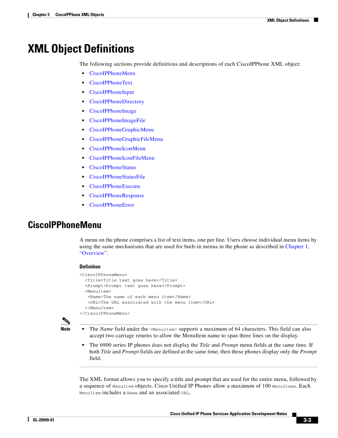 Cisco Systems OL-20949-01 manual XML Object Definitions, CiscoIPPhoneMenu 