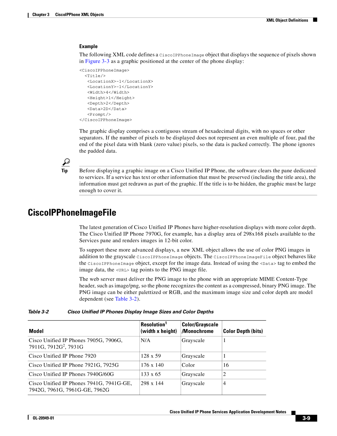 Cisco Systems OL-20949-01 manual CiscoIPPhoneImageFile, Example, Resolution1, Model, Monochrome Color Depth bits 