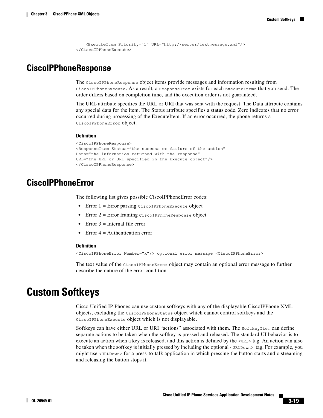 Cisco Systems OL-20949-01 manual Custom Softkeys, CiscoIPPhoneResponse, CiscoIPPhoneError 