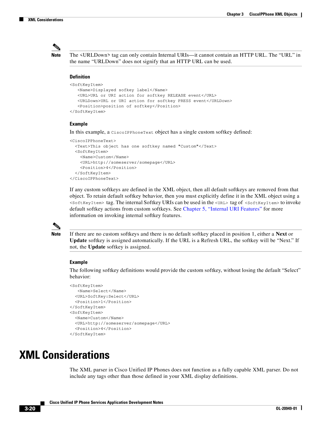 Cisco Systems OL-20949-01 manual XML Considerations, SoftKeyItem NameDisplayed sofkey label/Name 