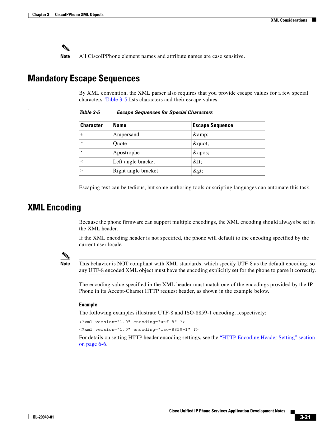 Cisco Systems OL-20949-01 manual Mandatory Escape Sequences, XML Encoding, Character Name Escape Sequence 