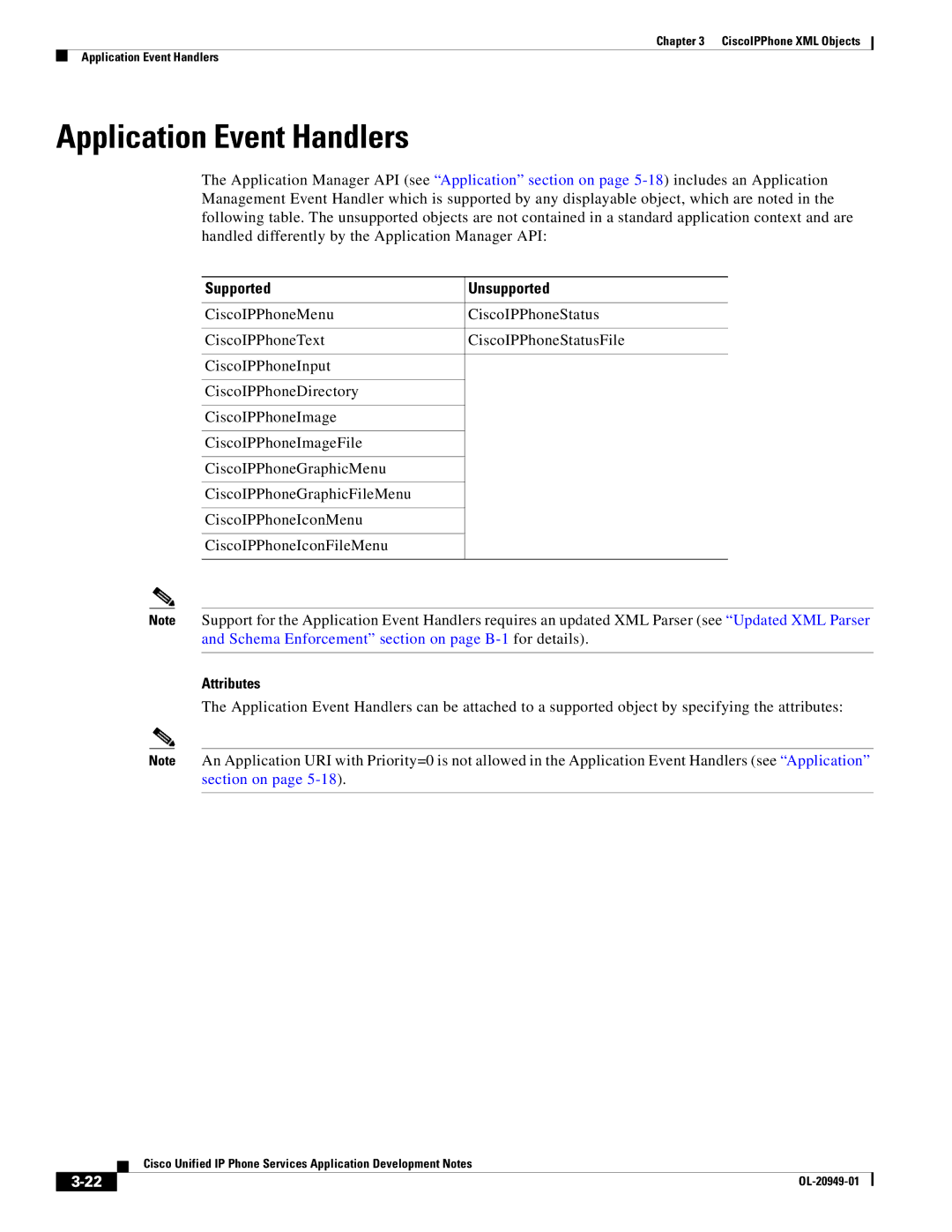 Cisco Systems OL-20949-01 manual Application Event Handlers, Supported Unsupported, Attributes 