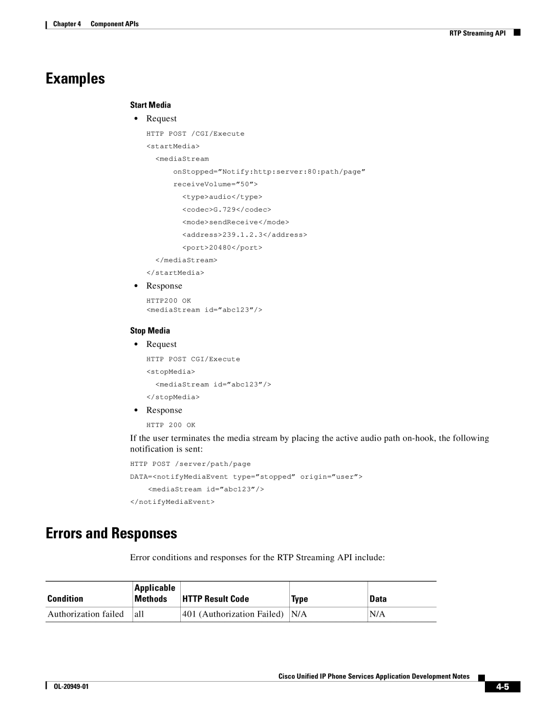 Cisco Systems OL-20949-01 manual Examples, Errors and Responses, Start Media, Stop Media 