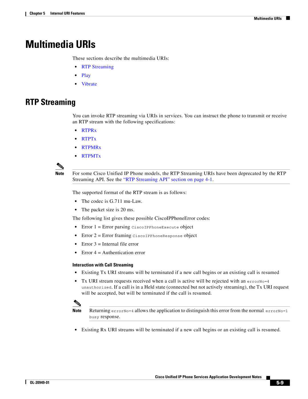 Cisco Systems OL-20949-01 manual Multimedia URIs, RTP Streaming, Interaction with Call Streaming 