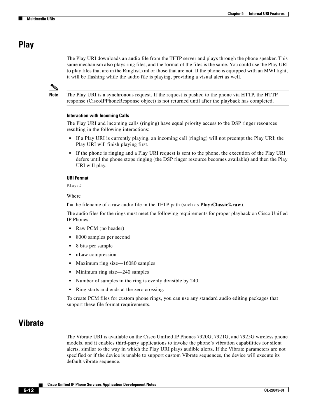 Cisco Systems OL-20949-01 manual Play, Vibrate, Interaction with Incoming Calls 