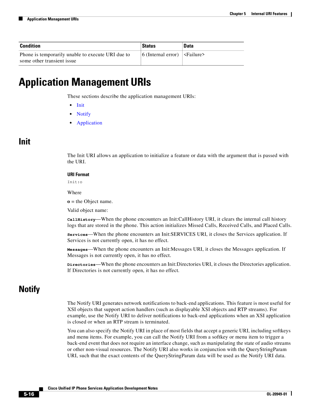 Cisco Systems OL-20949-01 manual Application Management URIs, Init, Notify 